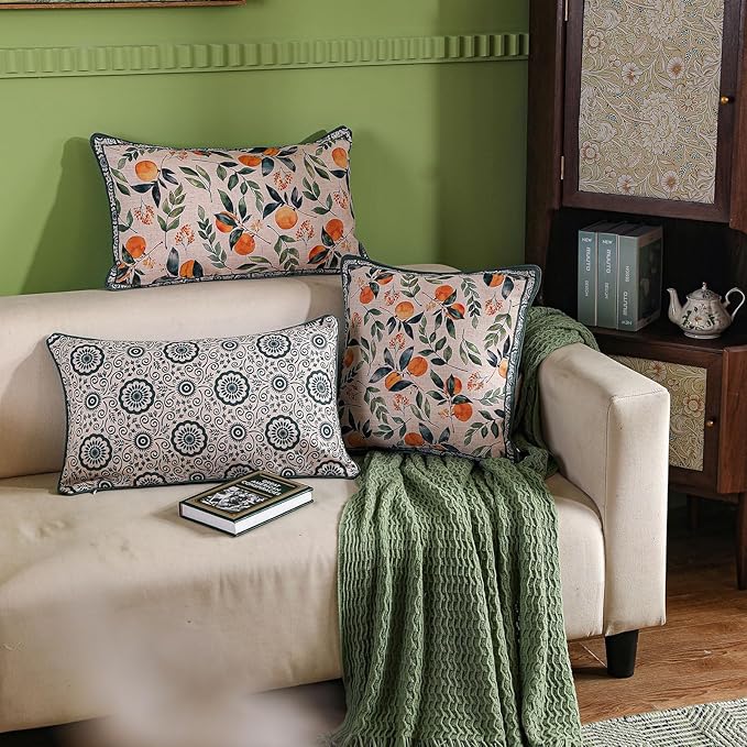 patdrea Designer Throw Pillow Covers,Square Green Vintage Rustic Linen with Abstract Geometric Floral Pattern Pillow Cover,Decorative Pillowcases Cushion for Bed Living Room