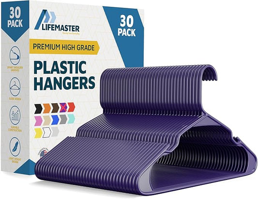 Plastic Clothes Hangers – Heavy Duty Hanger Set, for Organizing Clothes, Dresses, and Coat, Holds Up to 5 lbs, Space-Saving Hangers with Non-Slip Shoulder Grooves, Pack of 30, Purple
