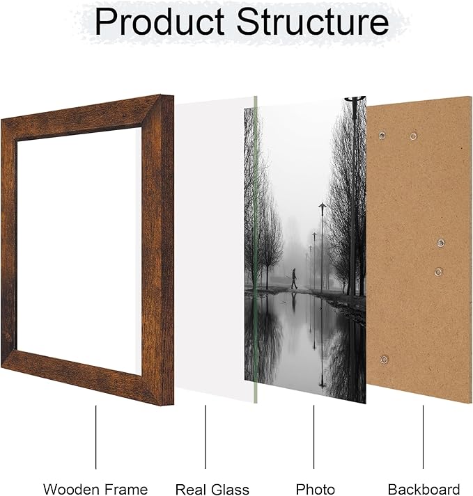 8.5x11 Picture Frame Set of 4, High Definition Real Glass Rustic Frame, Photo Frames 8.5 by 11 Diploma Document for Wall Hanging and Tabletop Display