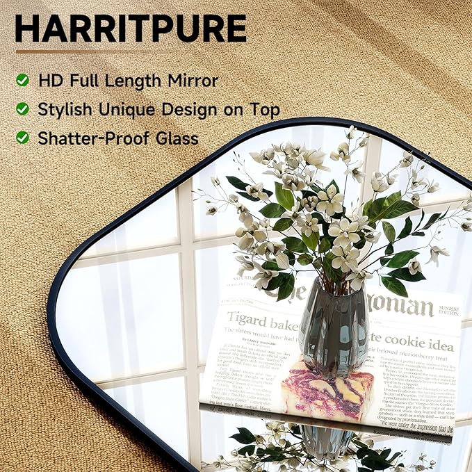 HARRITPURE 71"x26" Full Length Mirror Full Body Mirror Top Rounded Corner Aluminum Frame Hanging or Leaning Wall Floor Mirror with Stand for Living Room Bedroom Cloakroom,Black