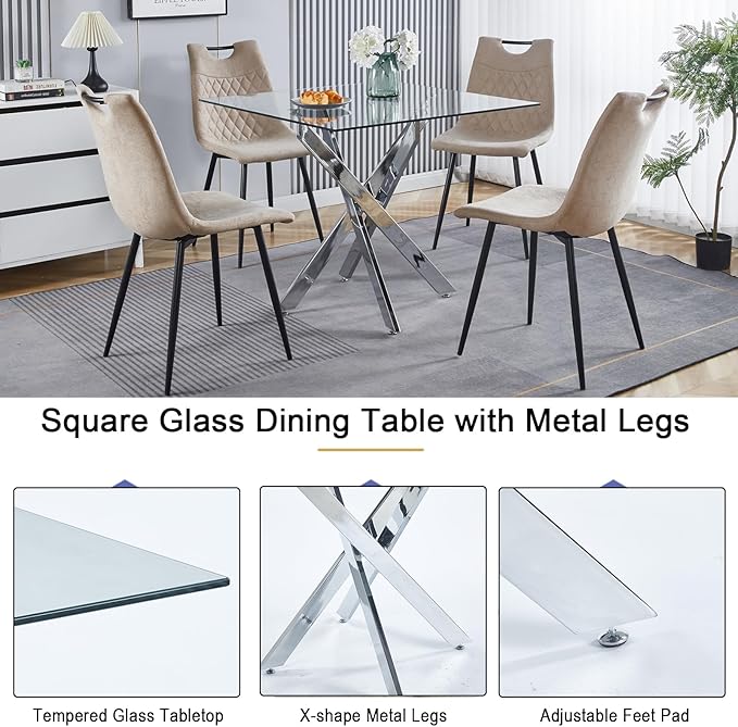 Henf 36'' Tempered Glass Dining Table for 2-4 People, Square Kitchen Table with Silver X-Base Metal Legs, Adjustable Feet, Glass Desk for Small Space, Clear Square Dining Room Table for 4