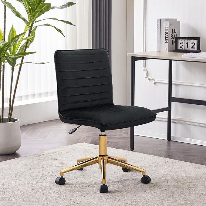 Furnimart Black Swivel Armless Desk Chair with Wheels, Small Velvet Upholstered Home Office Chair Mid-Back Adjustable Chair for Bedroom Dorm Living Room (Velvet-Black)