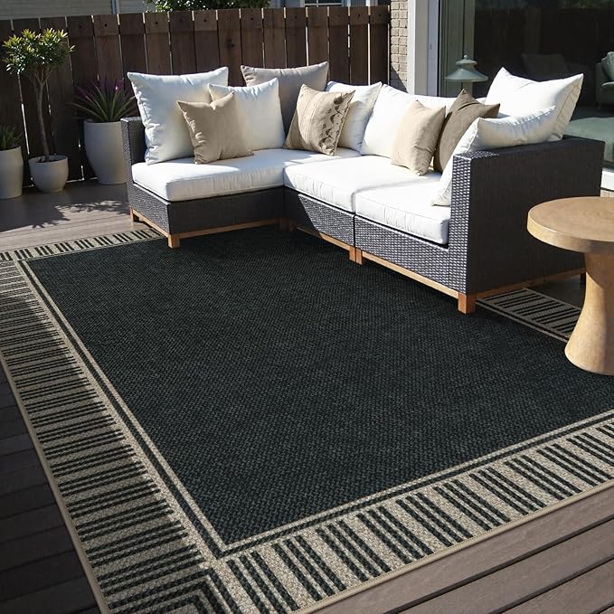 OJIA Easy Jute Outdoor Rug 8x10, Large Patio Rug Washable Area Rugs for Living Room Farmhouse Indoor Outdoor Carpet Striped Border Modern Non-Slip Black Rug for Bedroom Backyard Office Decor