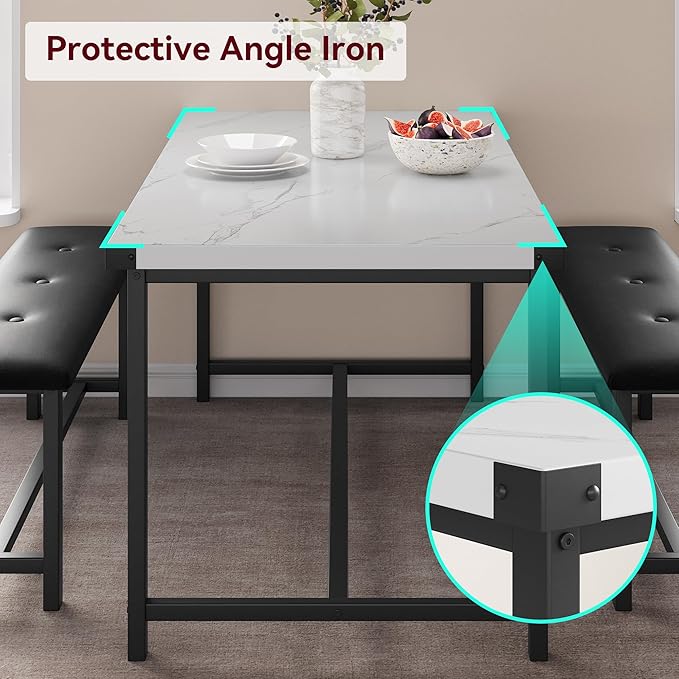 Dining Table Set for 4, Dining Room Table Set with 2 Upholstered Benches, Small Kitchen Table Set, 3 Piece Farmhouse Rectangular Dining Room Table Set, Space Saving Dining Table for Apartment