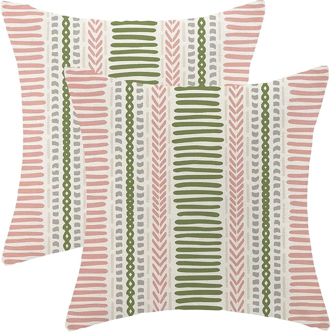 Boho Pillow Covers 18x18 Set of Pink Sage Green Stripes Throw Pillow Covers Outdoor Decoration,Bohemian Abstract Modern Decor Pillowcase Farmhouse Linen Decorative Cushion Cover for Home Couch