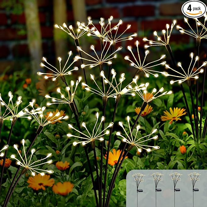 Kwaiffeo Solar Garden Light 4 Pack Outdoor Waterproof Firework Lights with 240 LEDs Twinkling Fairy Solar Lights Outdoor Garden Yard Pathway Decor, Gardening Gifts for Women Mothers Day (Warm White)