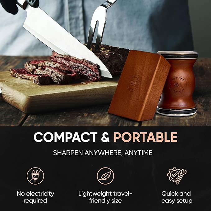 Rolling Knife Sharpener Kit – Premium Walnut Wood Kitchen Knife Sharpener for 15° & 20° Edge - Magnetic Knife sharpener with Diamond & Stainless Disc #1000/#3000