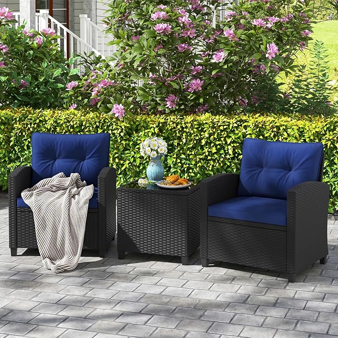 RELAX4LIFE 3-Piece Patio Furniture Set - Wicker Rattan Bistro Sofa w/Glass Top Coffee Table, Washable Cushions for Porch Balcony Backyard Poolside, Outdoor Conversation Set (Navy)