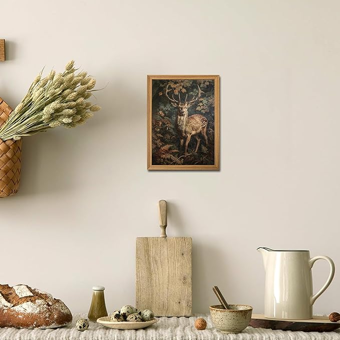 Framed 3D Textured Vintage Wall Art - Dark Academia Decor Sika Deer Hand Drawn Sandstone Paintings with Botanical Florals, Aesthetic Wall Decor for Living Room Bedroom Home 8x10 inch