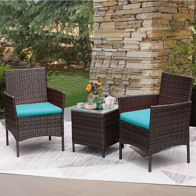 Greesum 3 Pieces Patio Furniture Sets Outdoor PE Rattan Wicker Chairs with Soft Cushion and Glass Coffee Table for Garden Backyard Porch Poolside, Brown and Blue