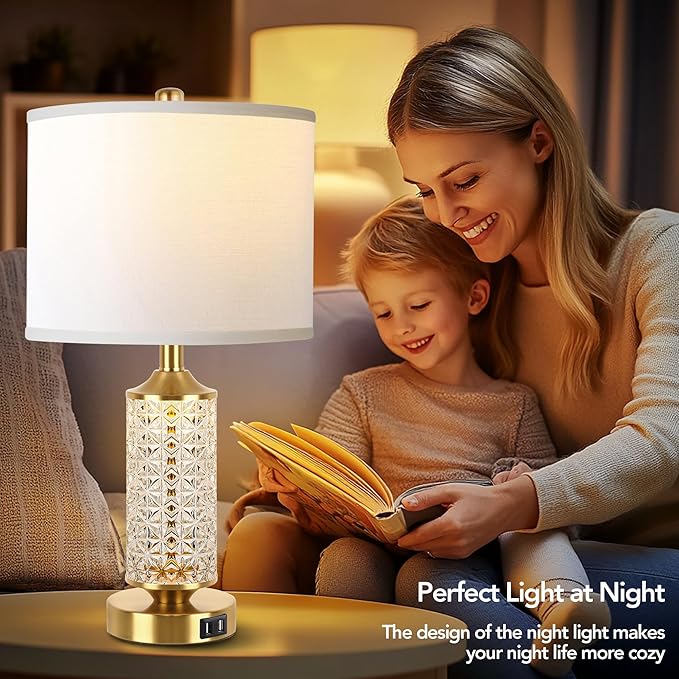 QiMH Set of 2 Table Lamps with USB Ports, Modern Bedside Lamp with LED Night Light for Bedroom, Nightstand Lamps for Living Room Office (Gold)(2 Bulbs Include)