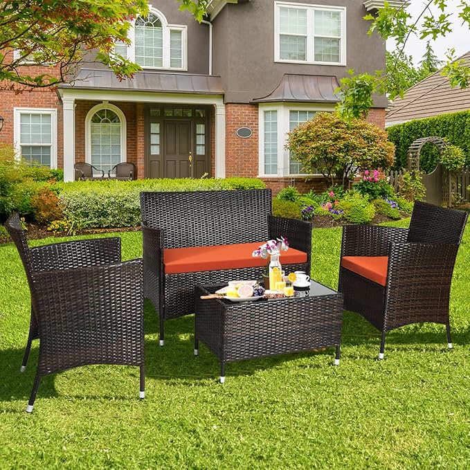 Tangkula 8 PCS Patio Rattan Conversation Set, Outdoor Wicker Furniture Set with Tempered Glass Coffee Table &Thick Cushion, Rattan Chair Wicker Set for Garden, Lawn, Poolside and Backyard (2, Orange)