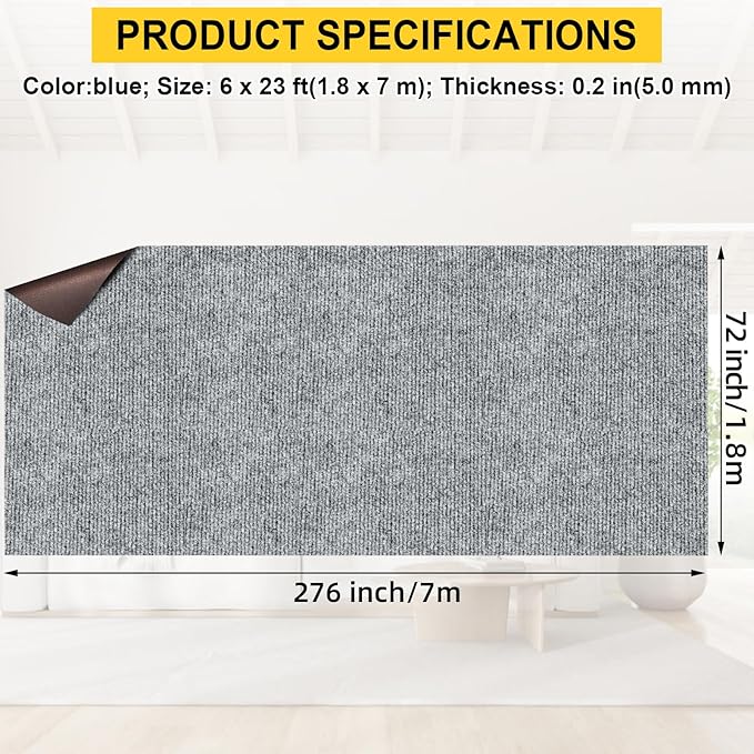 Marine Carpet,6 FT x 23 FT Smoke Gray Indoor Outdoor Carpet 0.2" Thick Boat Carpet with Water-Proof TPE Backing, Non-Slide Outdoor Marine Carpet Roll for Home, Patio, Porch, Deck