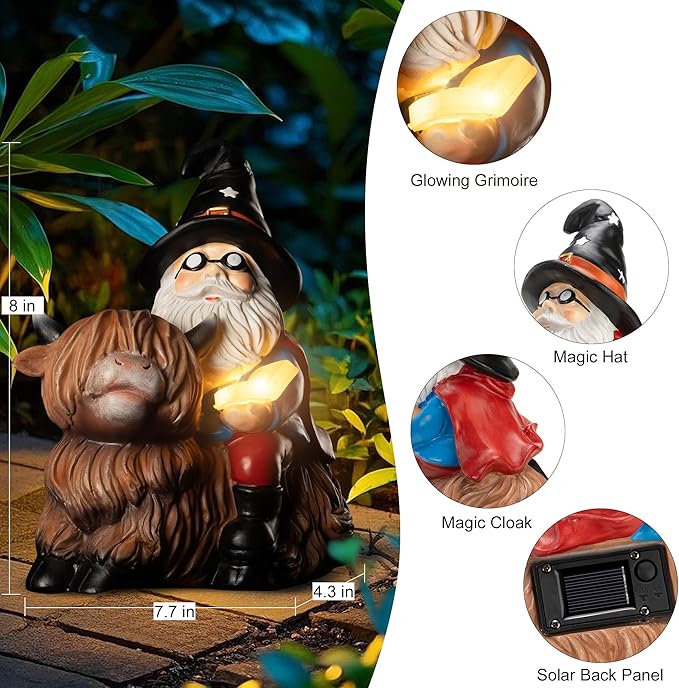 Highland Cow Solar Garden Gnome Outdoor Statue 8 Inch Funny Gnomes Decorations for Yard Lawn Patio Adorable Decor Birthday Gifts for Women Mom Grandma