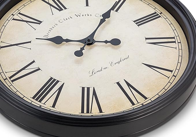 Bernhard Products Large Decorative Wall Clock 20 Inch Silent Non Ticking Battery Operated Quartz Vintage Stylish with Rustic Black Rim for Home Living/Dining Room Kitchen & Over Fireplace