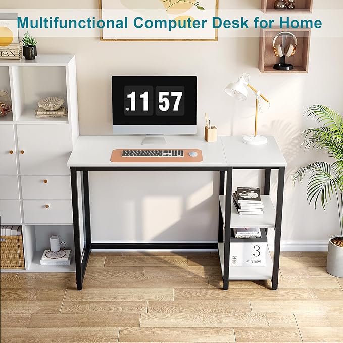SINPAID Computer Desk 47 inches with 2-Tier Shelves Sturdy Home Office Desk with Large Storage Space Modern Gaming Desk Study Writing Laptop Table, White Desk