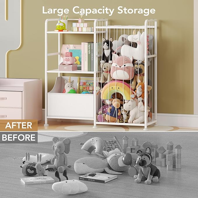 BBLIKE Stuffed Animal Storage - Stuffed Animal Net with Kids Bookshelf and Toy Organizer, 2-Tier White Bookshelf with Stuffed Animal Holder and Fabric Toy Chest for Kids Room, Playroom, Nursery, White