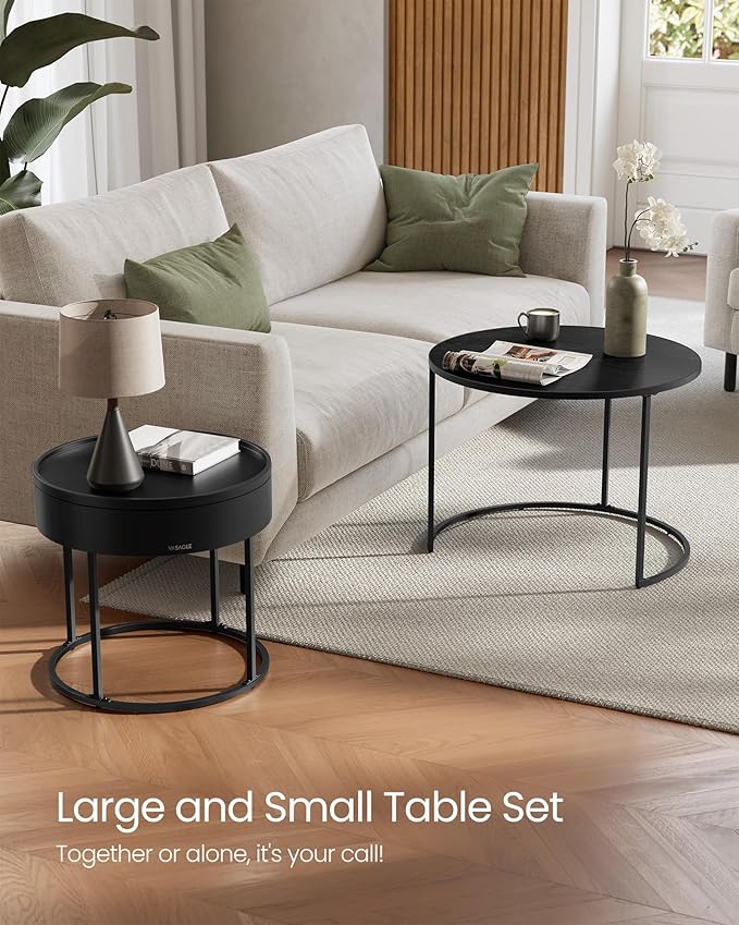 VASAGLE Round Coffee Tables, Set of 2 Nesting Tables, Modern Round Side Tables with Hidden Storage and Top Tray, for Living Room, Bedroom, Office, Ebony Black and Ink Black ULCT044B56