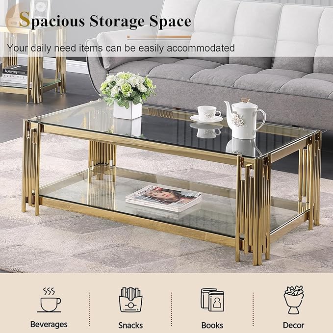 Goujxcy Glass Coffee Table and End Table Set of 3, Luxury Coffee Table Set with Tempered Glass & Gold Stainless Steel Legs, 3 Piece Living Room Table Set for Bedroom Home Office