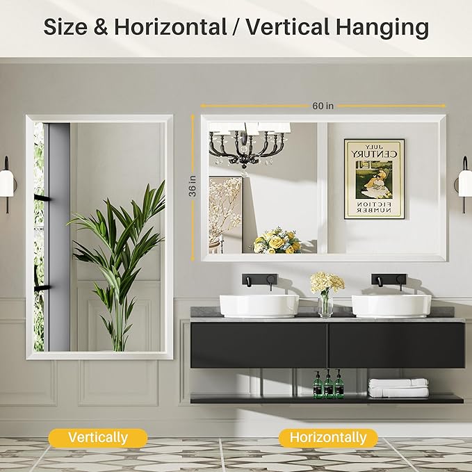 60x36 Inch White Bathroom Mirror for Wall, Thick Metal Framed Rectangle Mirrors for Over Sink, Bedroom, Living Room, Entryway, Anti-Rust, HD Tempered Glass