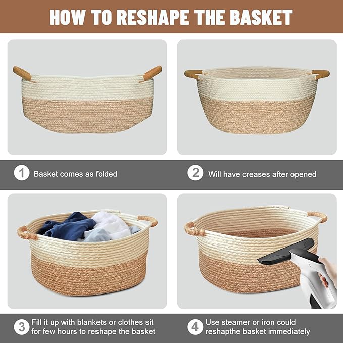 Small Woven Laundry Basket, Cotton Rope Storage Basket for Bedroom, Nursery & Bathroom – Toy Storage Organizer (Small(21.65" L x 12.6" W x 8.46" H))
