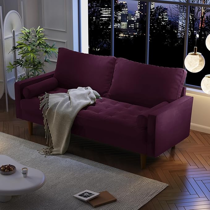 Modern Sofa,70 Inch Velvet Couch for Living Room,Spring Cushions,Easy Assembly Modern Couches with Throw Pillow for Small Spaces (Eggplant)
