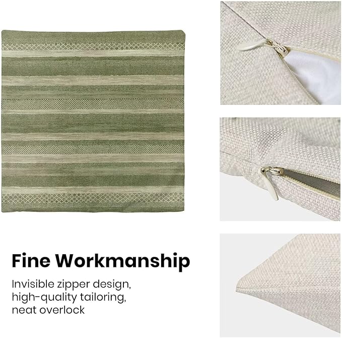 Boho Green Stripe Throw Pillow Covers 18x18 Inch Set of 2, Rustic Abstract Decorative Throw Pillow Covers Retro Stripe Neutral Outdoor Cushion Cover for Sofa Couch Farmhouse Room Bed Decor