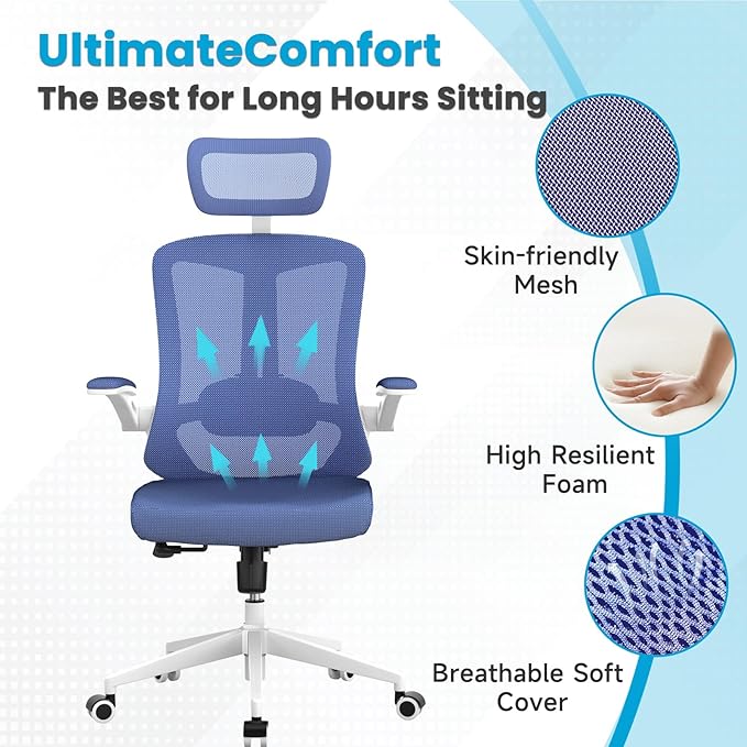 Ergonomic Office Chair - Comfy Desk Chairs with Wheels and Arms, 400LB Heavy Duty Mesh Computer Chairs with Comfortable Head Lumbar Back Support for Office, Bedroom, College Dorm and Study