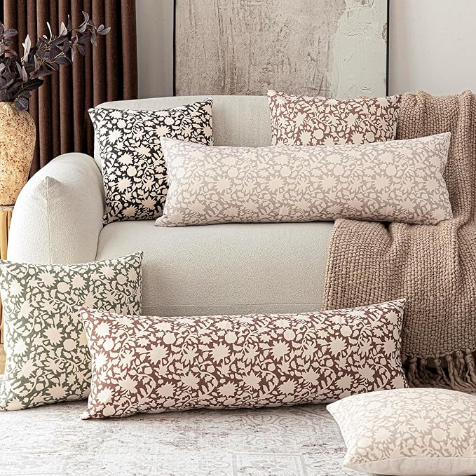 Foindtower Set of 2 Decorative Long Body Lumbar Throw Pillow Covers Accent Farmhouse Cushion Covers Boho Floral Pillowcase for Couch Sofa Bedroom Living Room Home Decor Outdoor,14×36 Inch,Ivory Beige