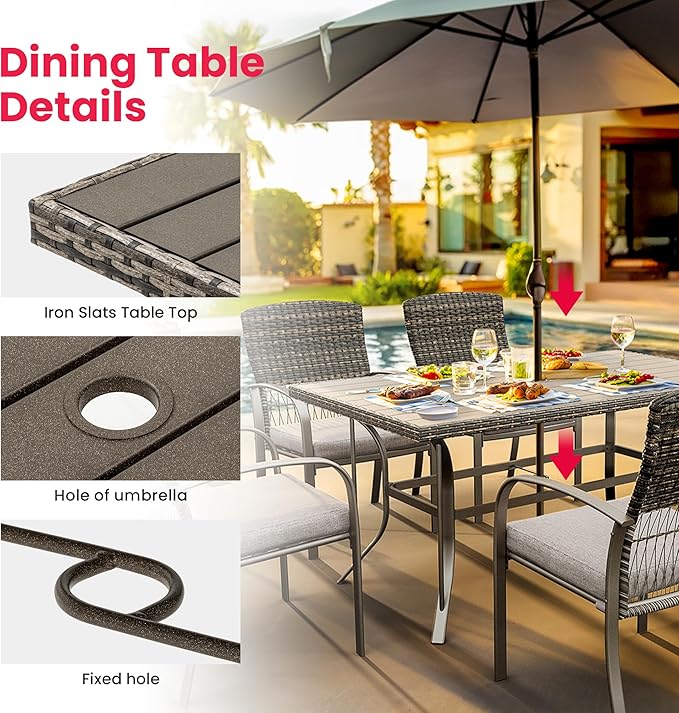 Pamapic 7-Piece Outdoor Dining Set, Grey Wicker Patio Furniture with Removable Cushions & Iron Slat Table, All-Weather Garden/Deck/Backyard Furniture Set (Grey)