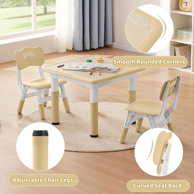 Adjustable Kids Table Chairs Set – Graffiti Desktop, Multi-Activity Height-Adjustable Toddler Study Desk for Ages 3-8 – Ideal for Home, Classroom, Daycare (W-Brown, 2 Chairs-23.6" L x 23.6" W)