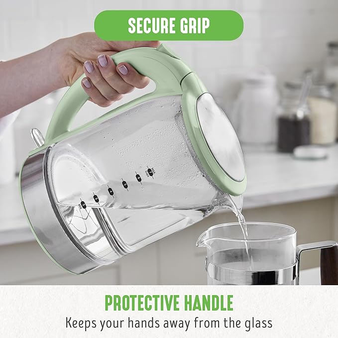 GreenLife 1.7 Liter Glass Electric Kettle, Easy One Touch Use, Quick Heating, Filtered Spout, LED Base, Auto Shut-Off, Cordless Serving, Coffee and Tea, Sage Green