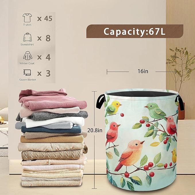 Colorful Bird Green Leaves Collapsible Laundry Baskets,Laundry Hamper,Storage Basket with Handles for Bathroom Bedroom College Dormitory Living Room Nursery Organizer 16"x20"
