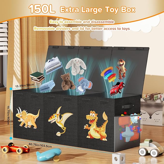 Extra Large Toy Box Chest, Collapsible Sturdy Toy Storage Organizer Boxes Bins Baskets Dinosaur Kids Toy Chest Bin with Lids for Boys Girls Living Room Playroom Bedroom Nursery 41"x14"x16" Black