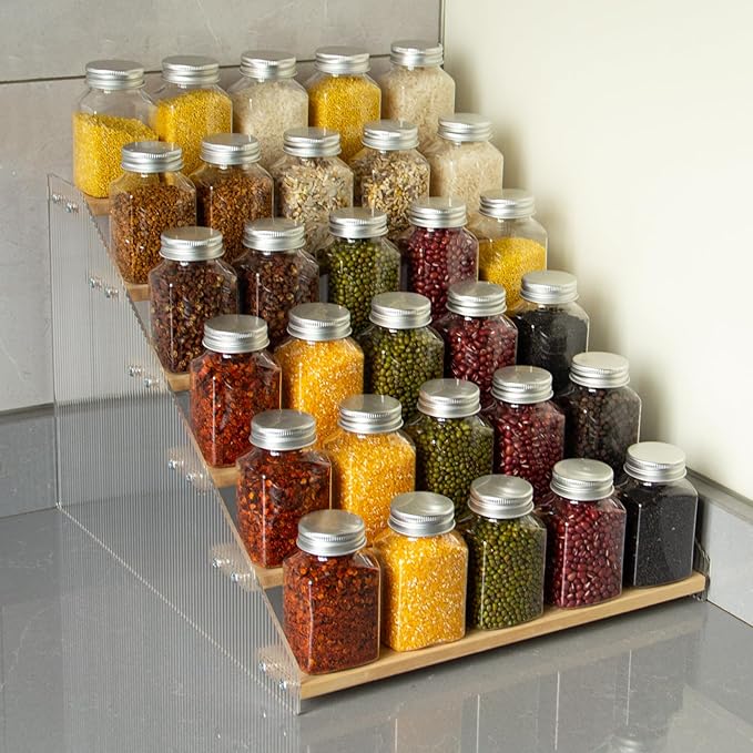 nianfeng Tiered Spice Rack, 6-Tier Spice Pantry Kitchen Cabinet Organizer, 12-Inch, Natural Wood Acrylic Stair Riser Stand, Countertop Seasoning Shelf