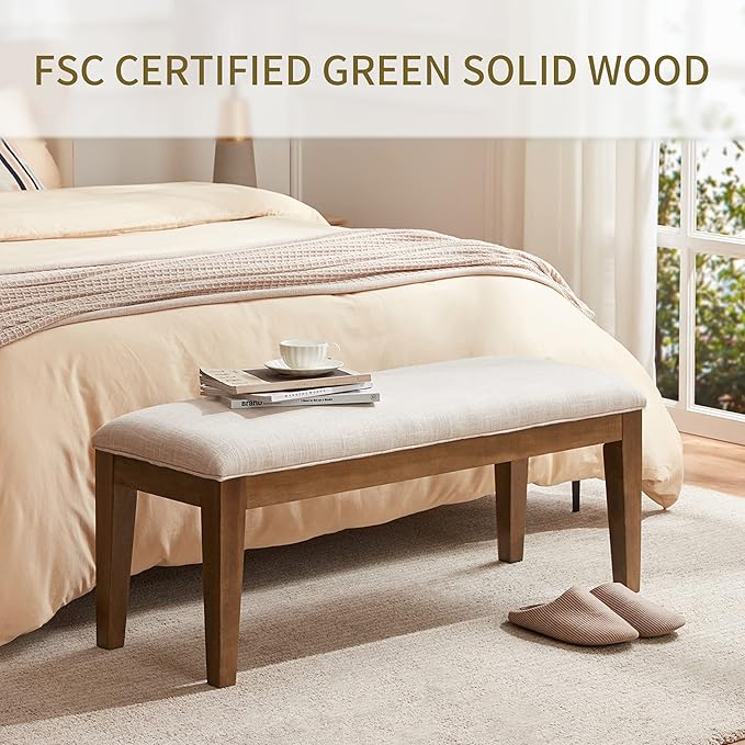 HUIMO Upholstered Entryway Bench for Bedroom for End of Bed, Dining Bench with Padded Seat for Kitchen, Living Room, Fabric Solid Wood (Beige)