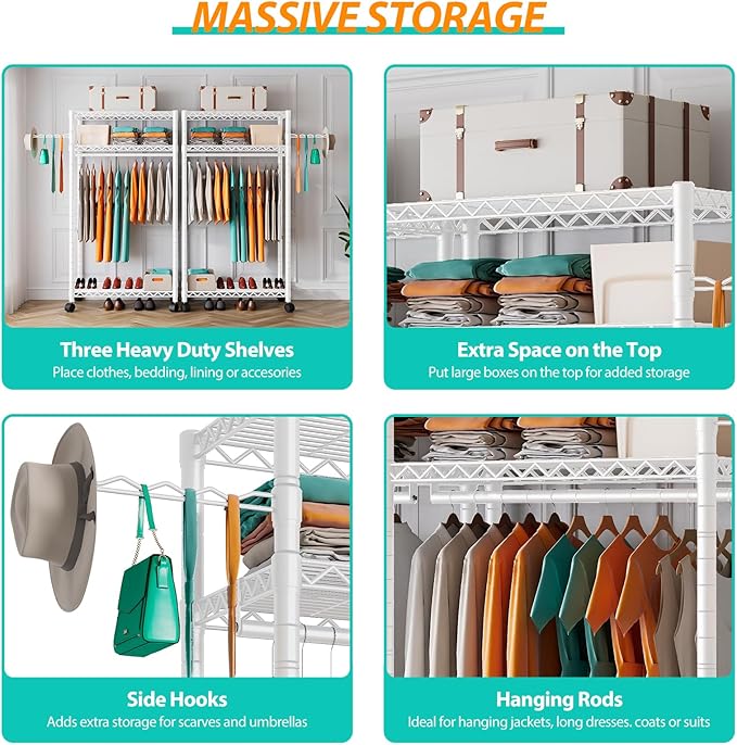 PUNION Heavy Duty Rolling Garment Rack,Portable Clothes Rack for Hanging Clothes,Clothing Rack,Wardrobe Storage Rack with 3 Shelves,1 Hang Rod,1 Side Hook,36" Lx18 Wx71 H, Max Load 500LBS, White,GR1