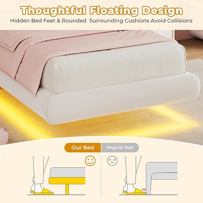 Twin Size Floating Bed Frame with LED Lights, Velvet Upholstered Headboard Bed Frame for Kids/Girls, Rounded Corners, Charging Station, No Box Spring Needed, White