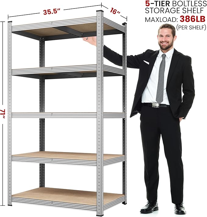 Yaheetech Standing Shelf Units, 5 Tier Storage Shelf, Heavy Duty Shelving, Adjustable Garage Shelves, Utility Rack Shelf Unit, Basement Warehouse Shed, 35.5" Wx 16" D x 71" H - Silver