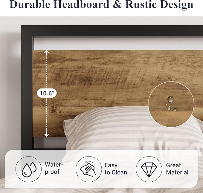 Allewie Queen Bed Frame with Headboard, Heavy Duty Metal Platform Base with Strong Support, Underneath Storage Space, Stable Mattress Foundation, No Box Spring Needed, Brown