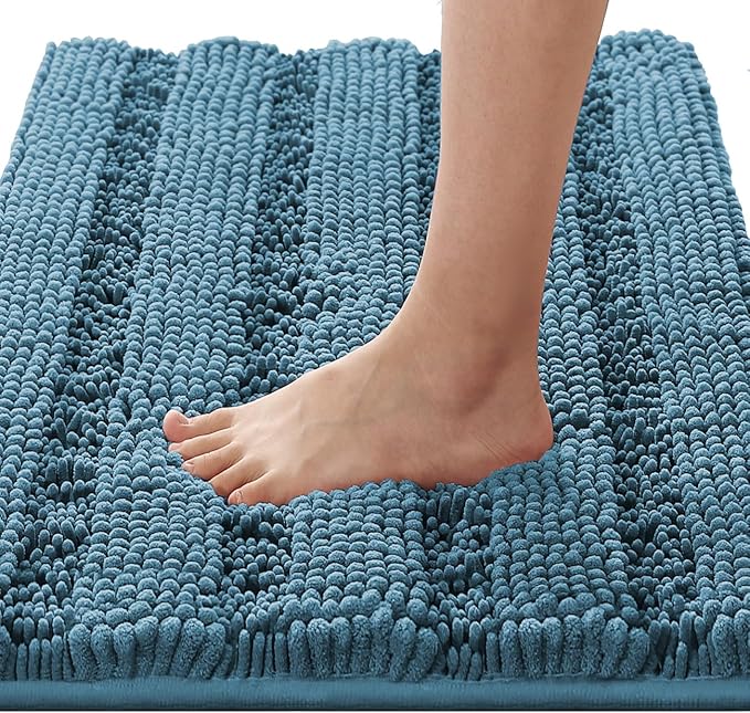 H.VERSAILTEX Bath Rugs for Bathroom Non Slip Bath Mats Extra Thick Chenille Striped Rug 20" x 32" Absorbent Non Skid Fluffy Soft Shaggy Washable Plush Mat for Indoor, Bath Room, Tub - Turquoise Blue