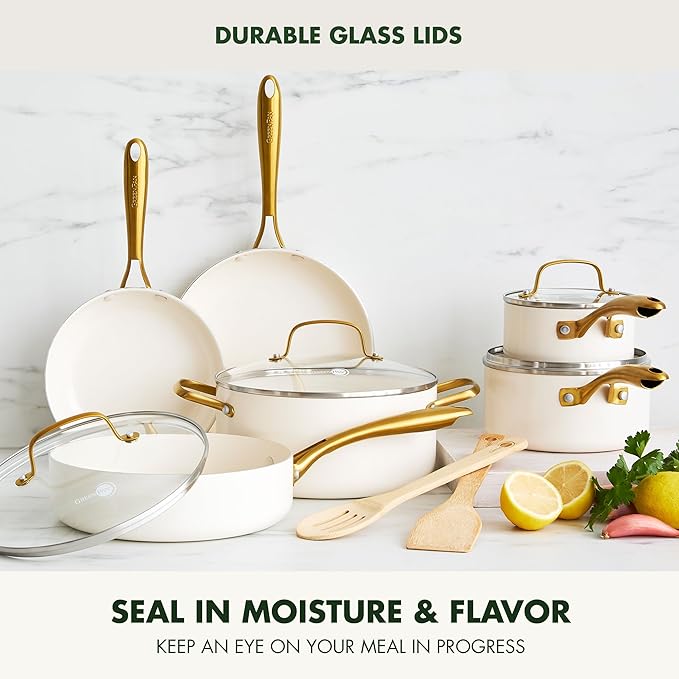 GreenPan 12 Piece Nonstick Swift Cookware Set, Ceramic PFAS-Free Pots & Pans with Lids, Dishwasher & Oven/Broiler Safe to 600F, Kitchen Cooking Set, Sauce, Saute, Stock, Frying Pans, Cream