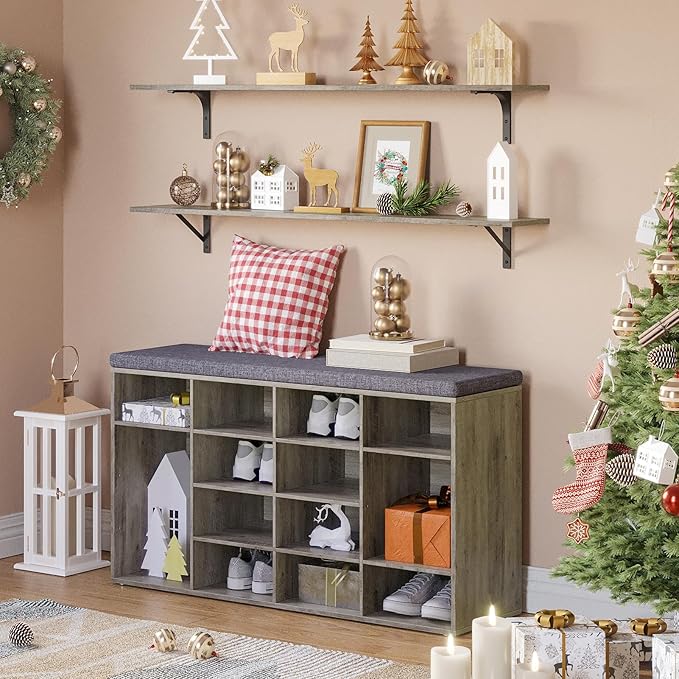 DINZI LVJ Shoe Storage Bench with Cushion, 14-Cubby Shoe Rack, Adjustable Shelves, Multifunctional Shoe Organizer Bench for Entryway, Mudroom, Hallway, Living Room, Bedroom and Garage, Gray Wash