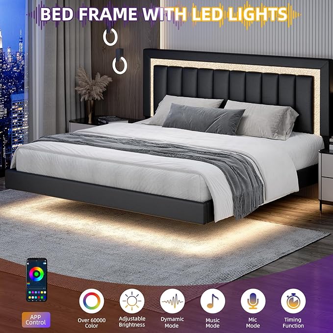 HOMBCK Floating Bed Frame King with Smart LED Lights, Faux Leather Upholstered Platform Bed with Diamond PU Headboard, No Box Spring Needed, Noise-Free, Easy Assembly, Black