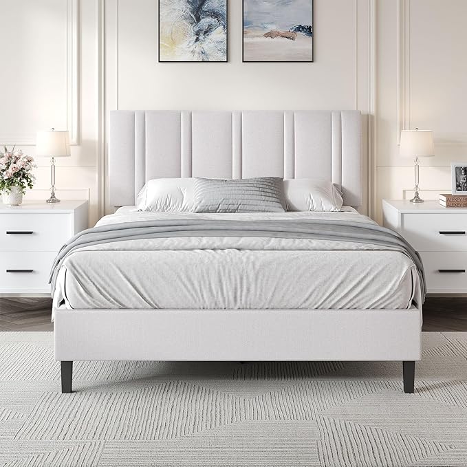 Full Bed Frame, Upholstered Platform Bed with Button Tufted Headboard, White Bed Frame Full Size, No Box Spring Required, Easy Assembly, White