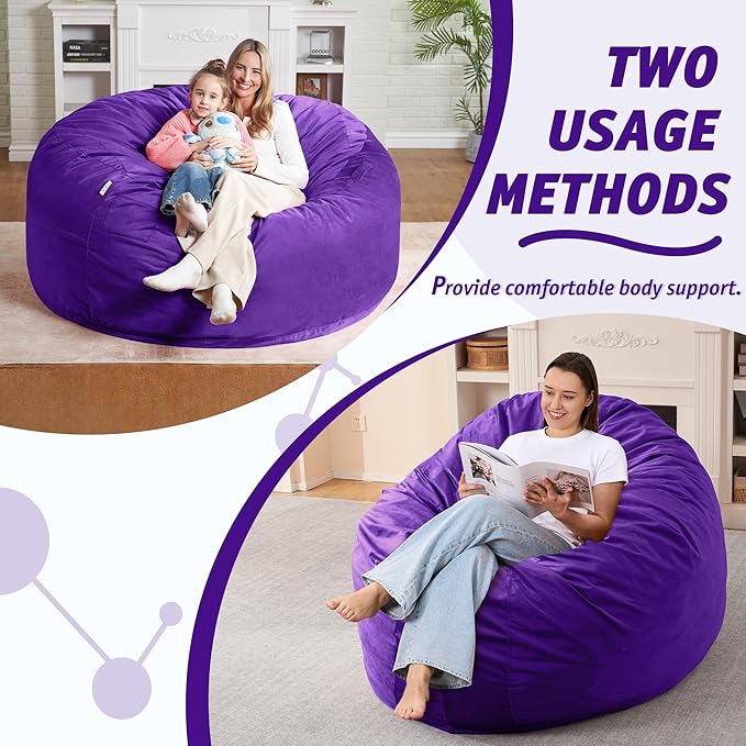 5FT Bean Bag Chair with Ultra Soft Velvet Cover Bean Bag Sofa with Memory Foam Bean Bag Chairs with Large Size Lazy Sofa for Dorm Office Living Room Bedroom Purple 5'