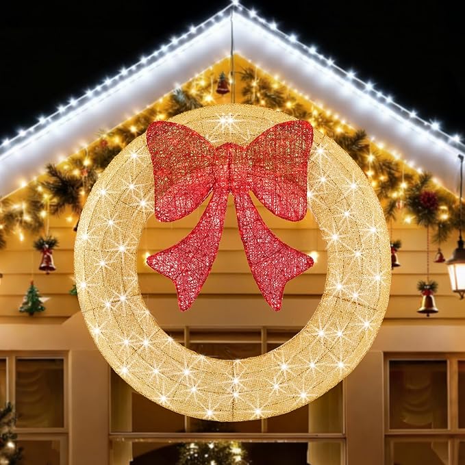 Sweetcrispy Pre-Lit Christmas Wreath, LED Lighted Holiday Outdoor Decoration with Bow for Door, Mantel, Wall, Windows, Front Door Decor, 47.5in Gold Wreath - Red Bow