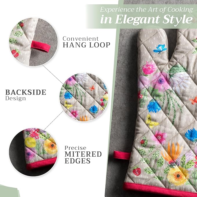 Maison d' Hermine 100% Cotton Oven Mitt & Pot Holder Set (7.5"x13" & 8"x8") Heat Resistant BBQ Cooking Gloves with Loop, Baking, Grilling, Kitchen, Handling Hot Pans Spring/Summer (Jardin D'Ete - Fog)