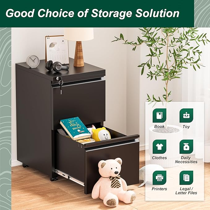 Superday 2 Drawer File Cabinet, Metal Rolling Filing Cabinet with Lock, Small File Cabinets with 2 Drawer, Filing Cabinets for Home Office Fit A4/Letter/Legal, Easy Assemble, Black