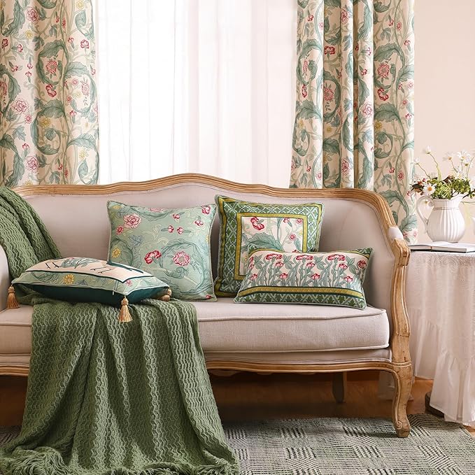 patdrea Designer Pack of 2 Square Throw Pillow Covers,French Vintage Rustic Linen with Green Floral Pattern Pillows Cover,Decorative Pillowcases Cushion for Bed Living Room Outdoor Car,18"x18"